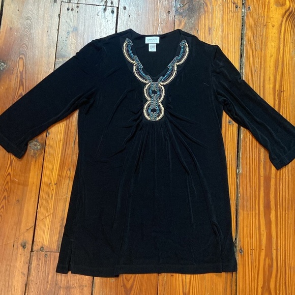 Chico's Travelers Beaded Embellished Slinky Knit Tunic Top Size L Black Flowy - Picture 1 of 13